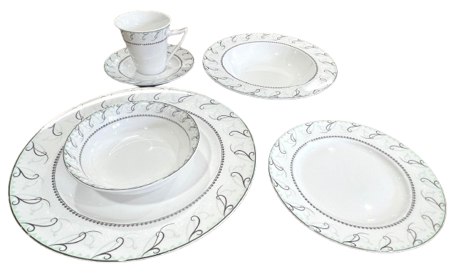 Dinnerware 86 Piece Set, Service for 12, include 14 Serving Pieces, Maria Platinum Collection by Success Bone China, Light weight, Extra white Body, Extra strong chip resistant