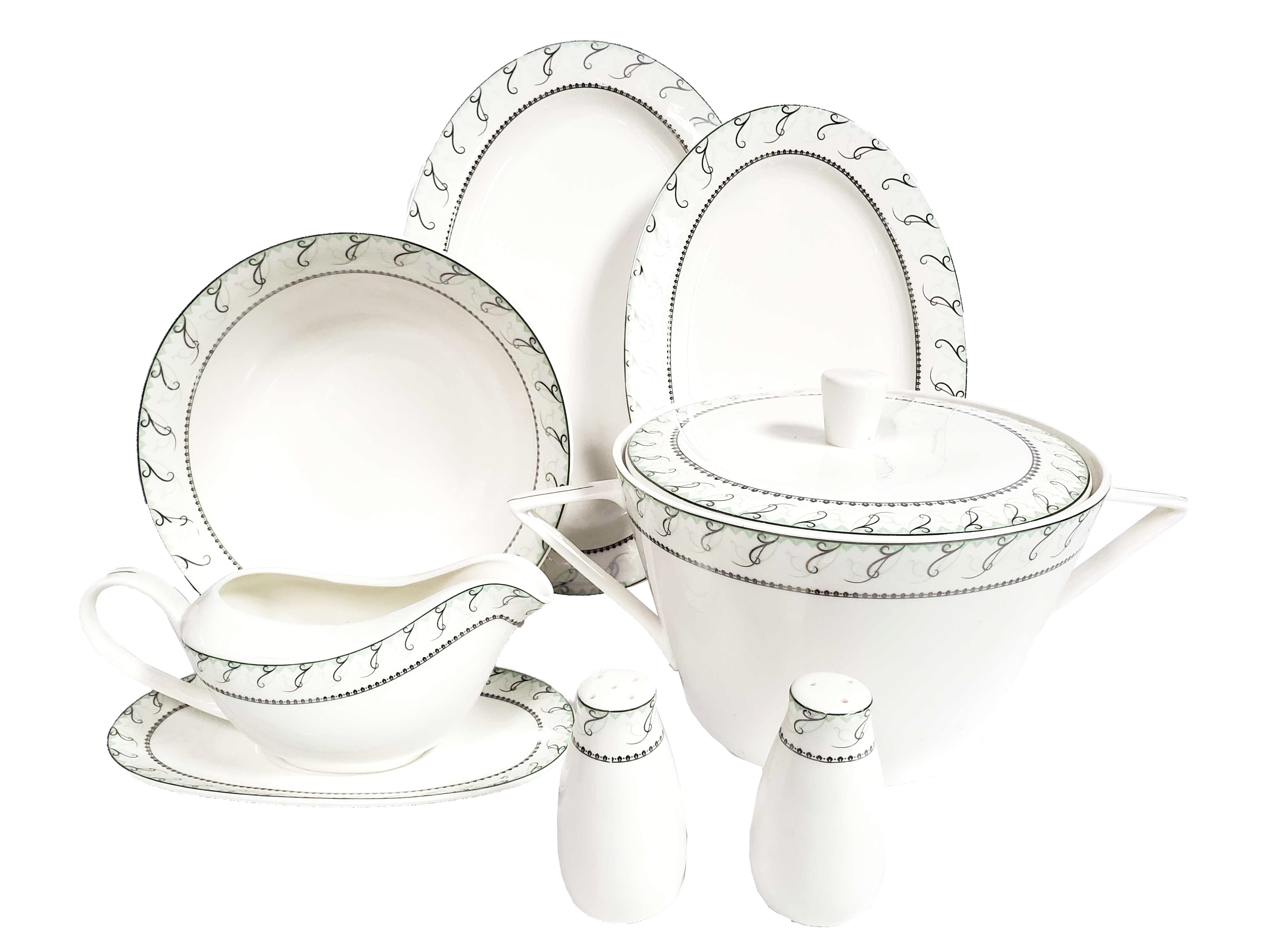 Dinnerware 86 Piece Set, Service for 12, include 14 Serving Pieces, Maria Platinum Collection by Success Bone China, Light weight, Extra white Body, Extra strong chip resistant