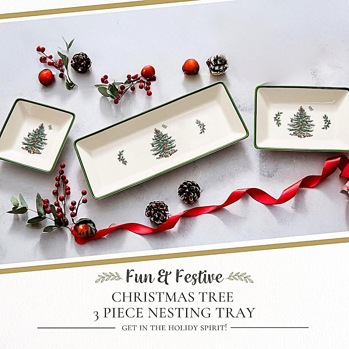 Spode Christmas Tree 3-Piece Dessert Trays, Serveware - Holiday Dinnerware & Decorative Tray, Holiday Winter Serving for All Parties & Occasions - for Snacks, Appetizers, Cookies