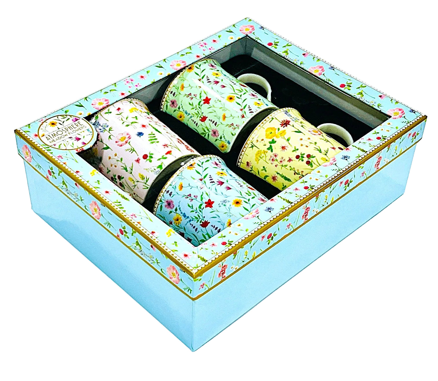 Set of four floral-patterned tea bags in a decorative box