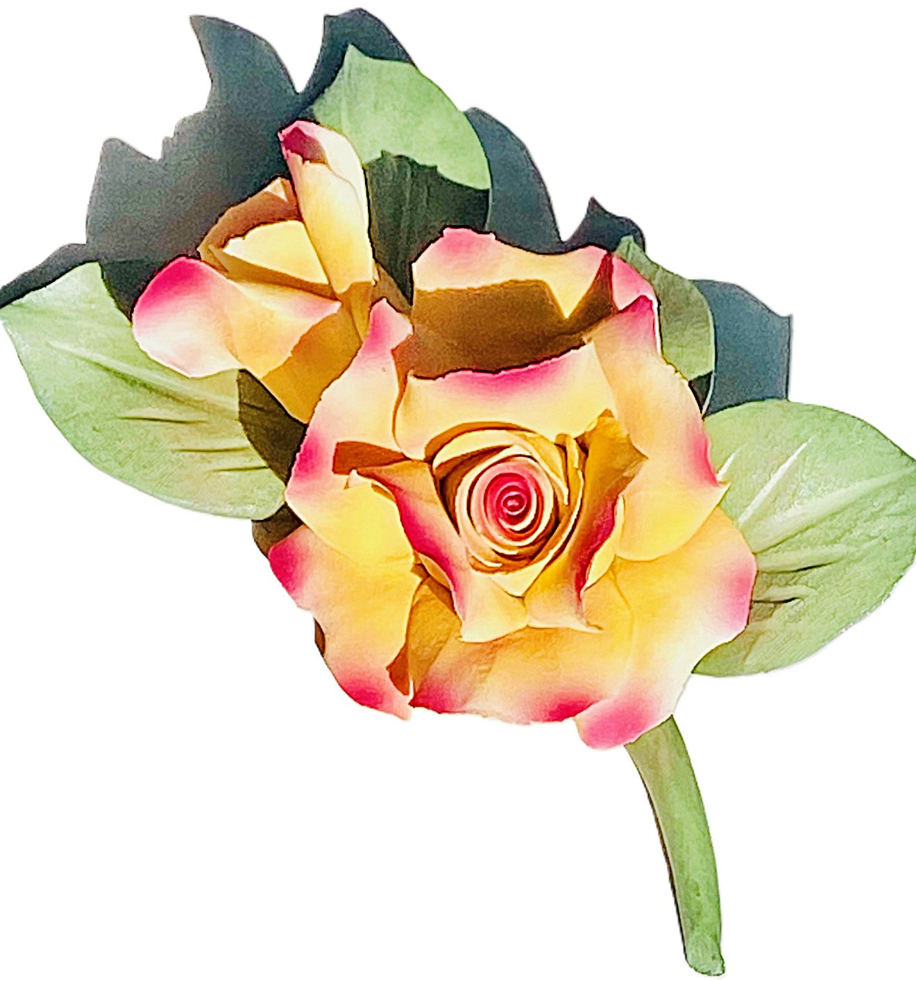 Capodimonte Rose with Bud (Yellow & Purple) Porcelain Flower Hand Made in Italy