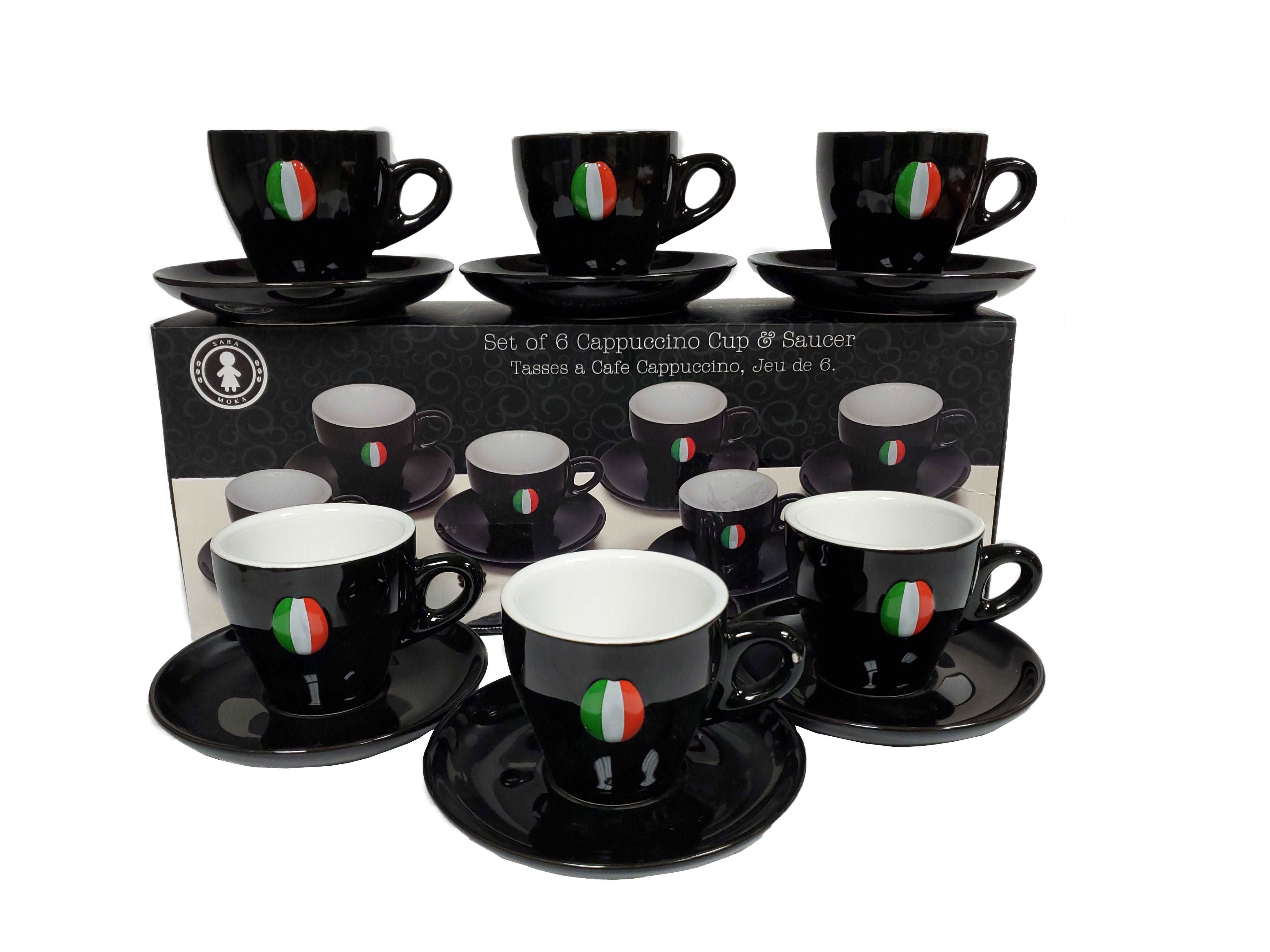 Cappuccino 6-Cup & 6-Saucer Set Italia Porcelain Sara Italian Bean - Royal Gift