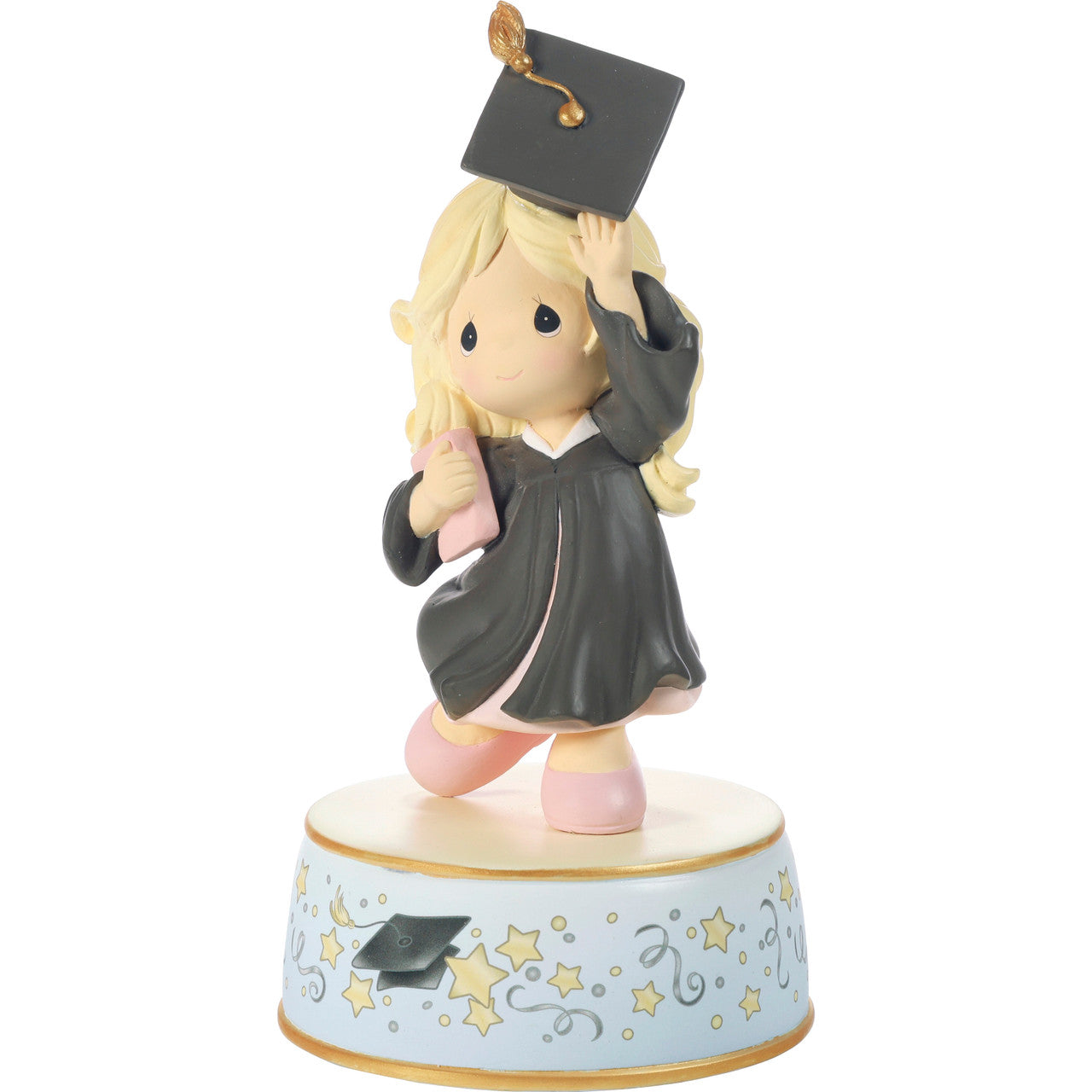 Precious Moments Graduate Girl musical Figurine with Black Dress Blond