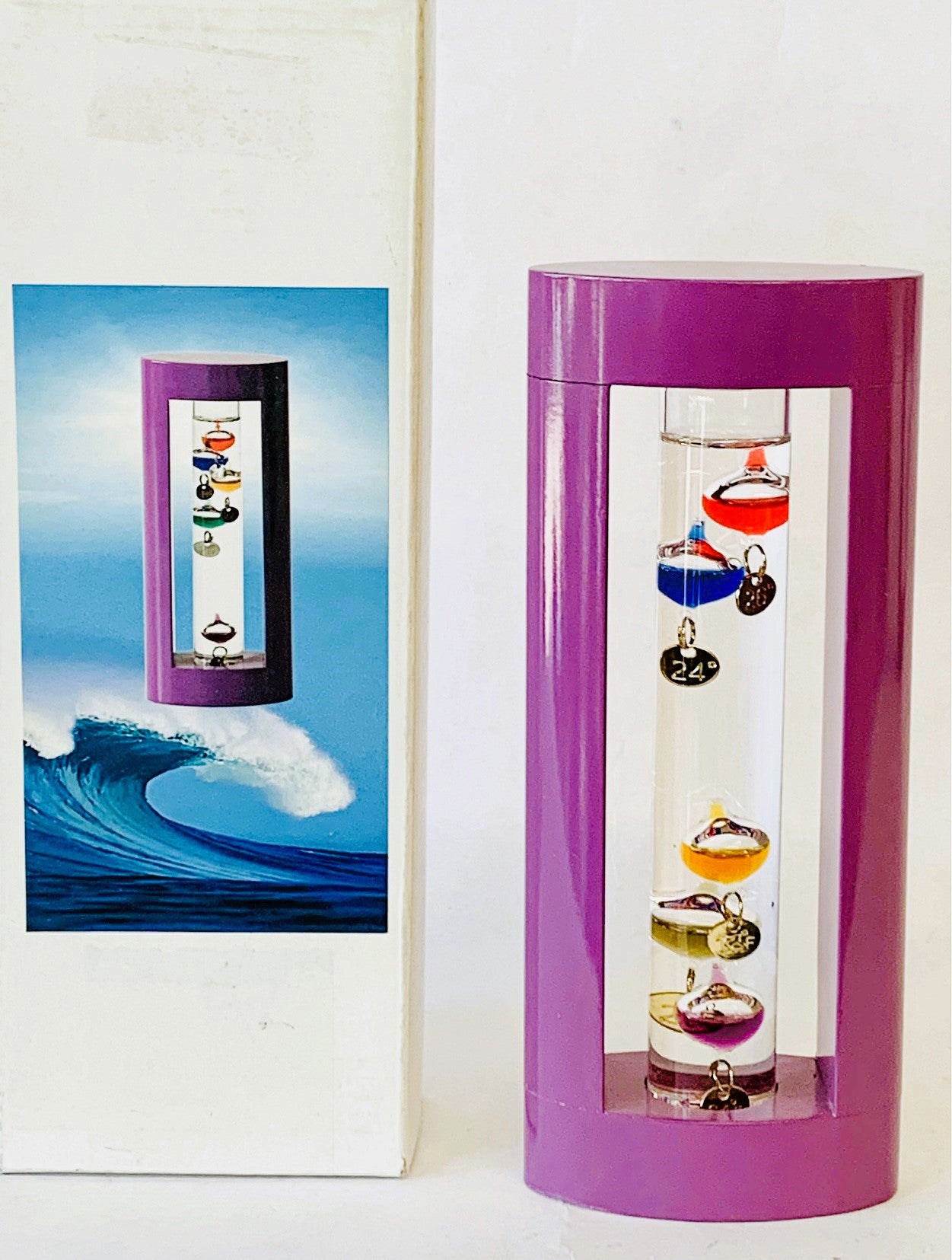 Galileo Thermometer in a wooden display 7"tall X 3"wide X 1.5"deep