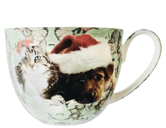 Breakfast Cup Cat & Dog Celebrating Christmas Hat.  Bone china Euart Collection