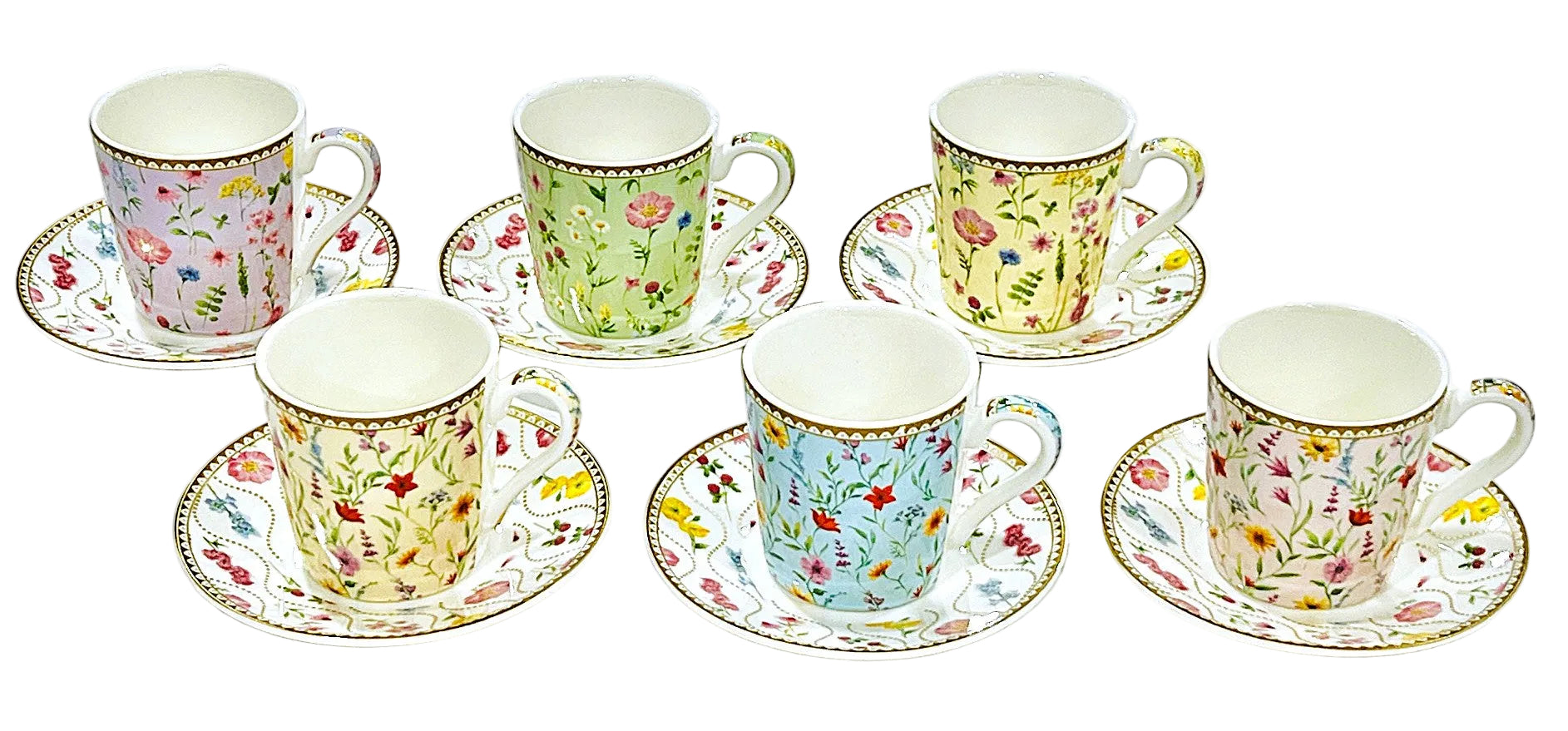 Set of six floral mocha cups and saucers on a white background
