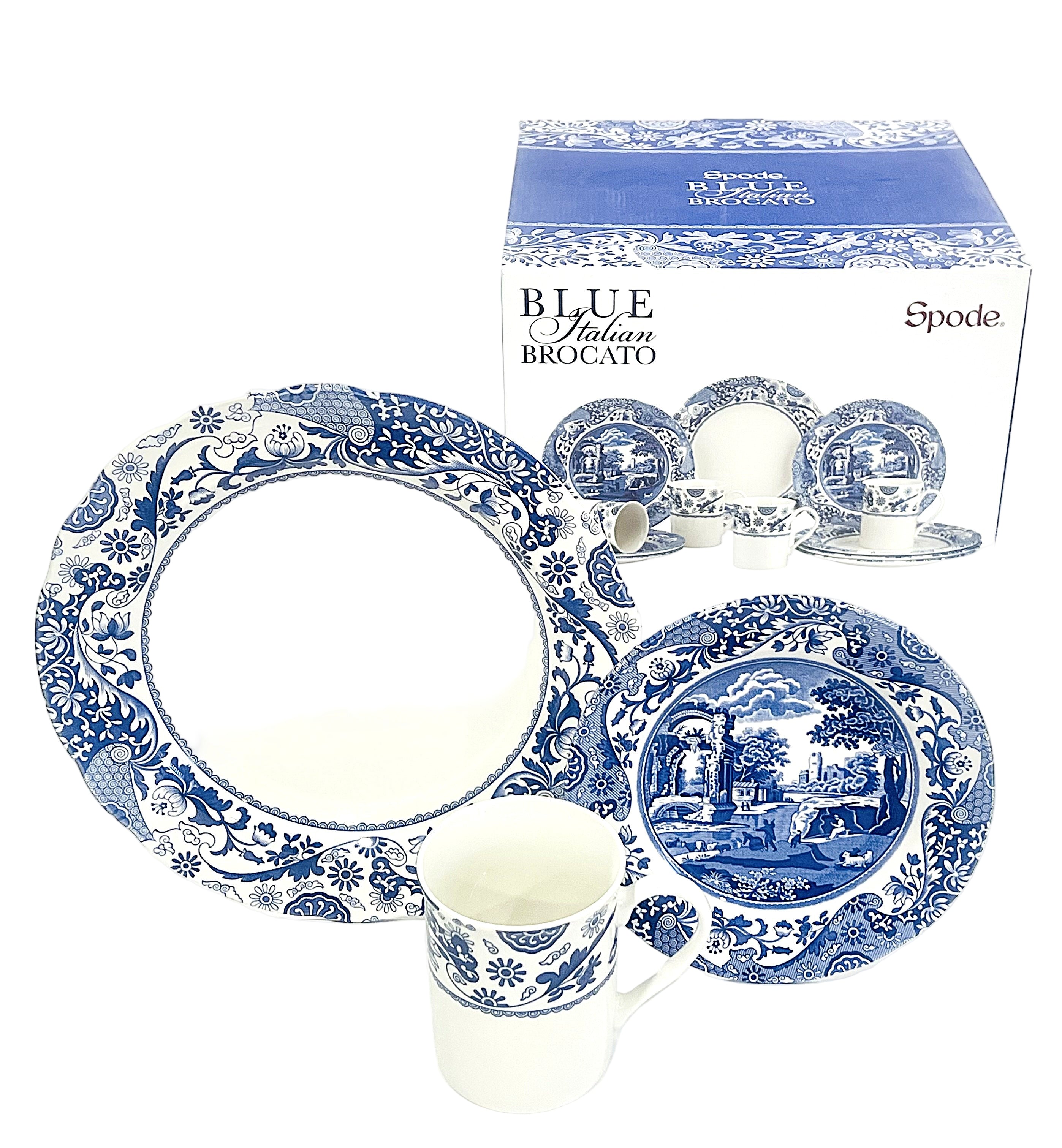 Spode Blue Italian Brocato tableware set with a box on a white background