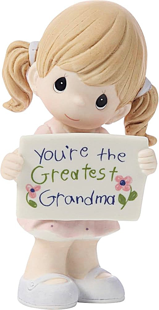 A Precious Moments figurine of a young girl with blonde pigtails holding a sign that reads 'you're the Greatest Grandma' with small pink flowers and green leaves, on a white background.