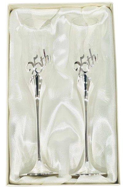 25th Anniversary Champagne Toasting Flutes 2 Piece Silver Plated Metal Base