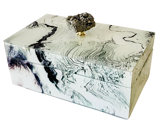 Jewelry Case/Box Marbled White 8.25" X 5" X 5" Glass with Gem Cluster