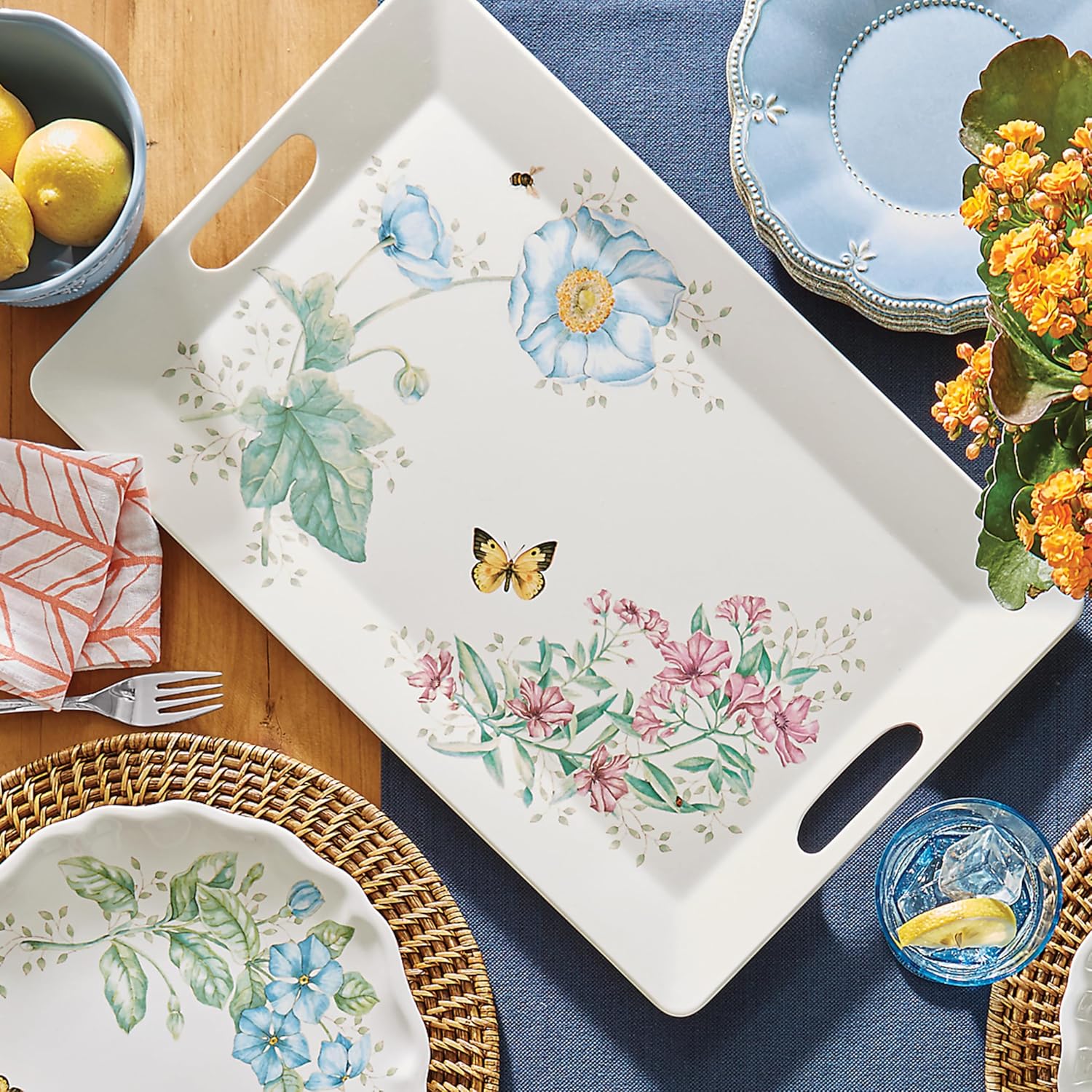 Lenox Butterfly Meadow Tray with handles Melamine 48cm X 30cm