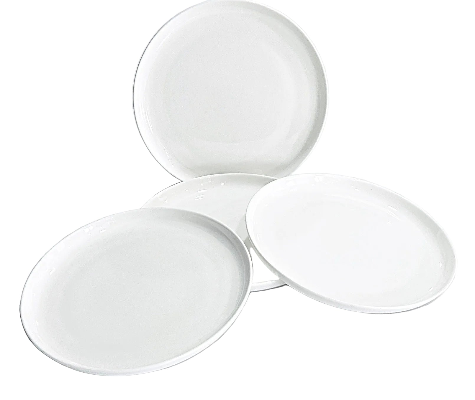 Set of 4 white bone china plates on a white background