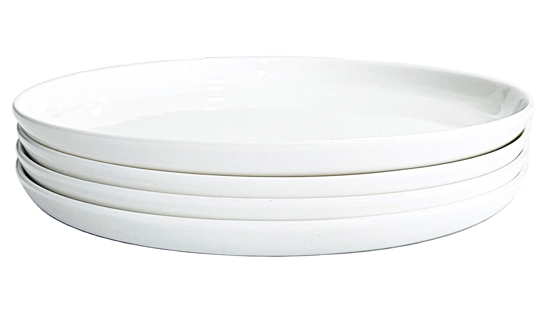 Set of 4 white bone china  plates stacked on a white background