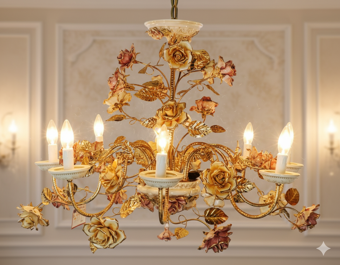 Capodimonte Flowers Chandelier 8 Lights Gold Plated Arms