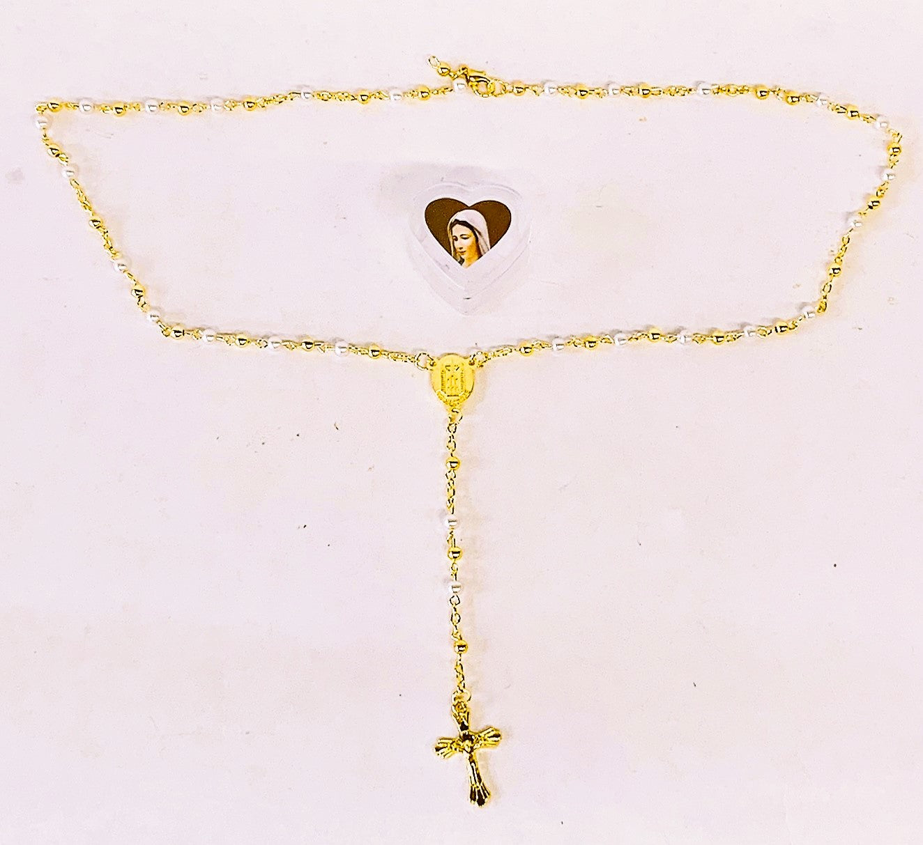 Rosary Necklace Gold and Pearl In A Heart Box