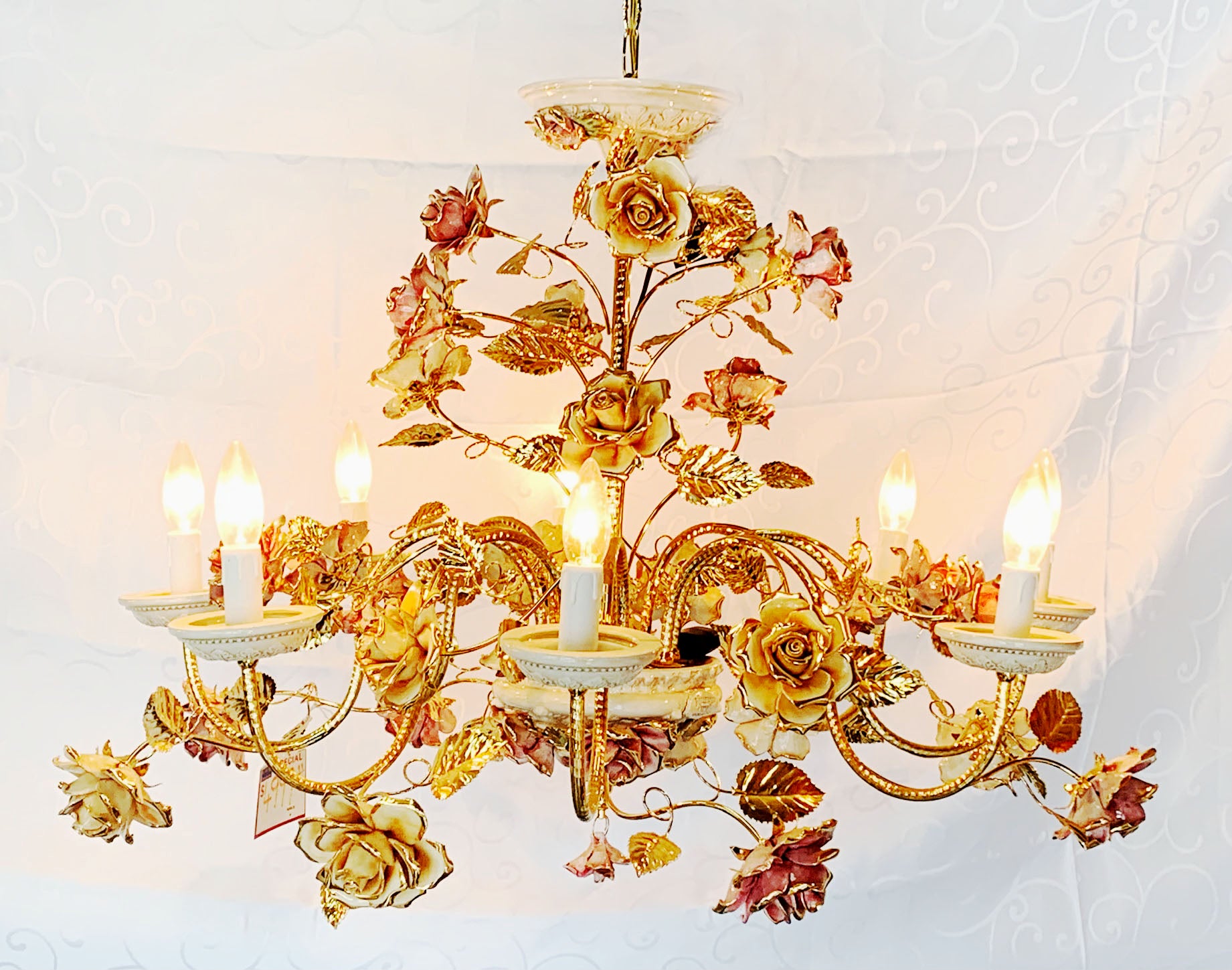 Capodimonte Flowers Chandelier 8 Lights Gold Plated Arms