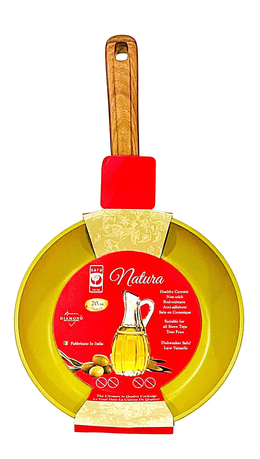Yellow frying pan with wooden handle and red spatula on a white background