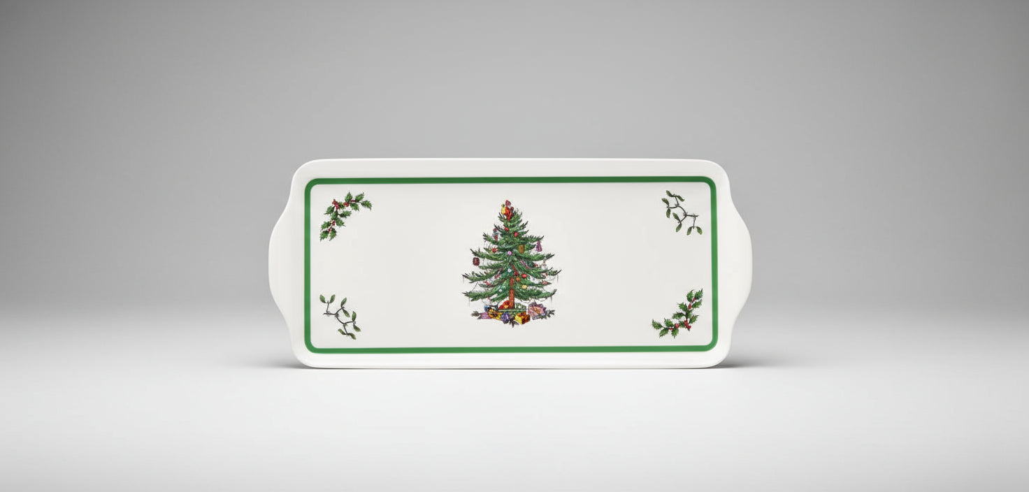 Rectangular ceramic tray with Christmas tree design on a white background