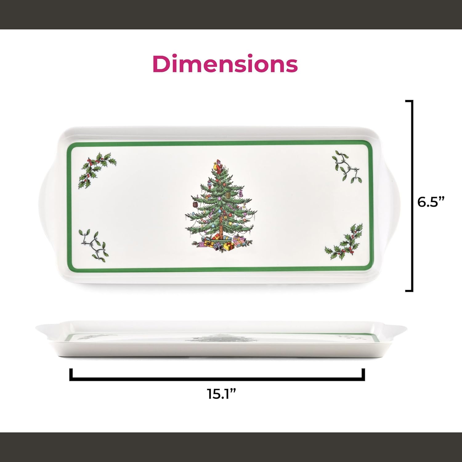 Spode Christmas Tree Sandwich Tray (15" x 6.5") - Decorative Serving Platter for Crudit, Appetizers, Holiday Snacks - Festive Melamine Dish, Durable Christmas Dinnerware - Elegant Holiday Tableware