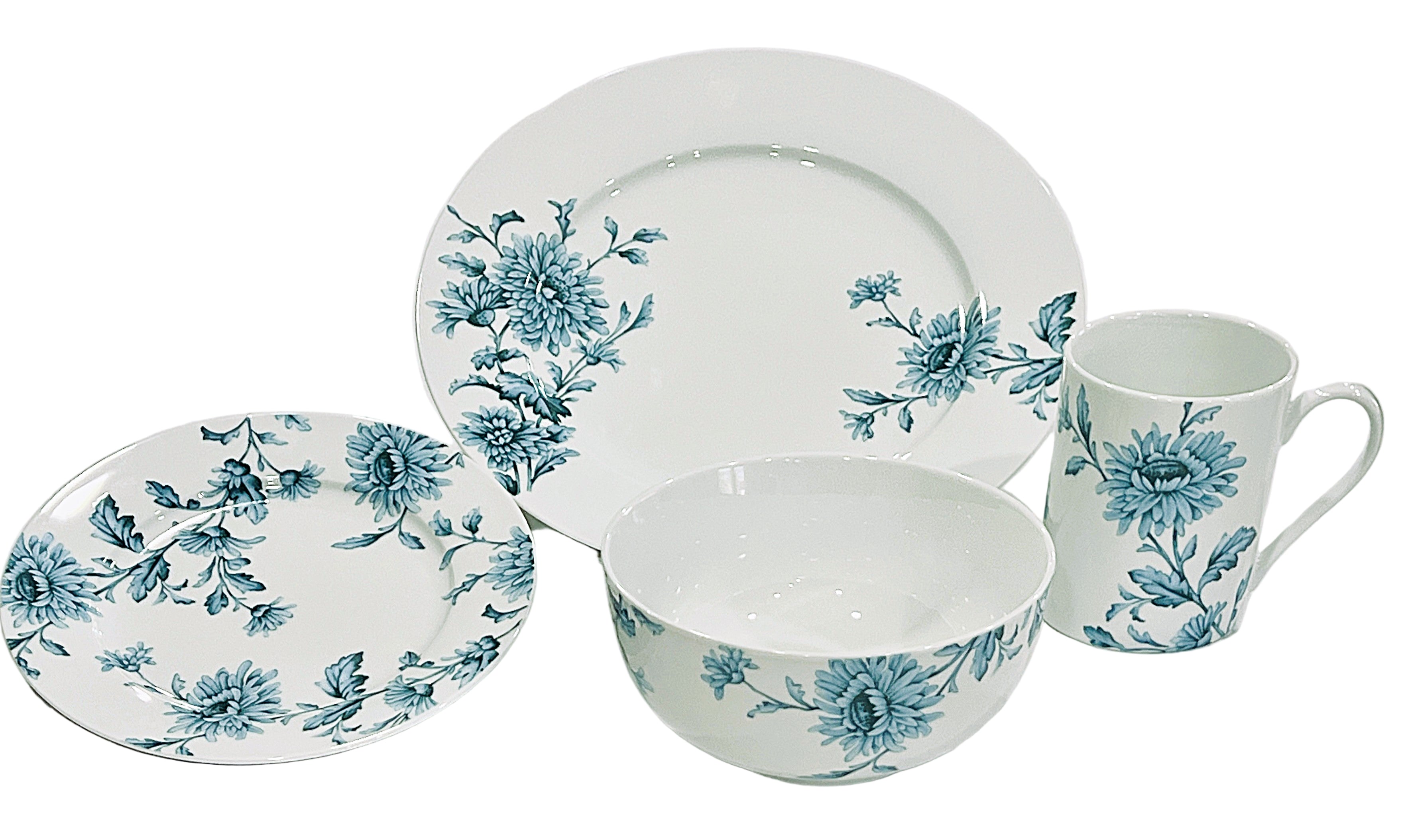 Dinner set with blue floral patterns on white plates, bowl, and mug.