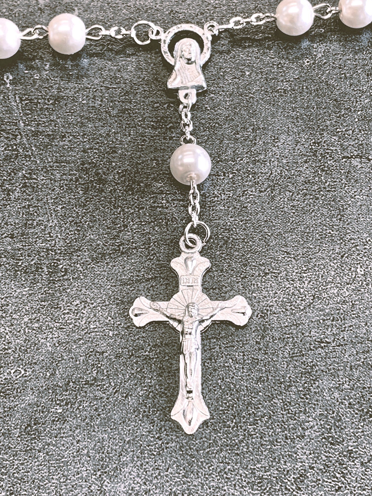 Bracelet Cross Pearl Rosary 7"