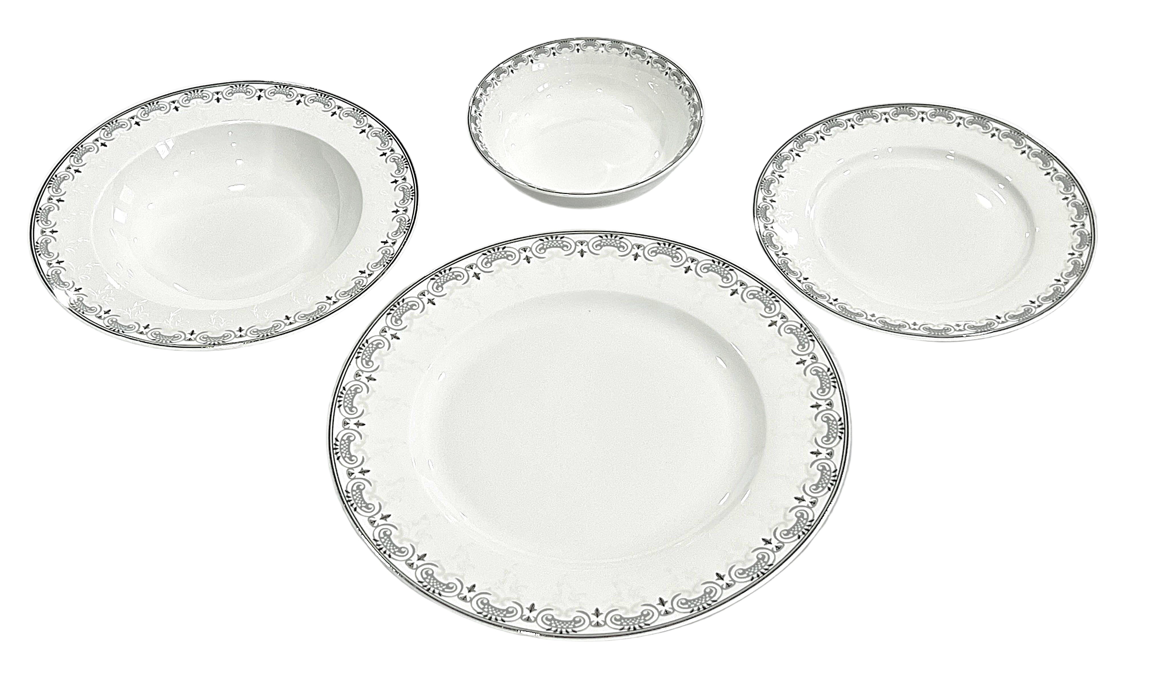 Set of white dinnerware with decorative silver rims on a white bone china body