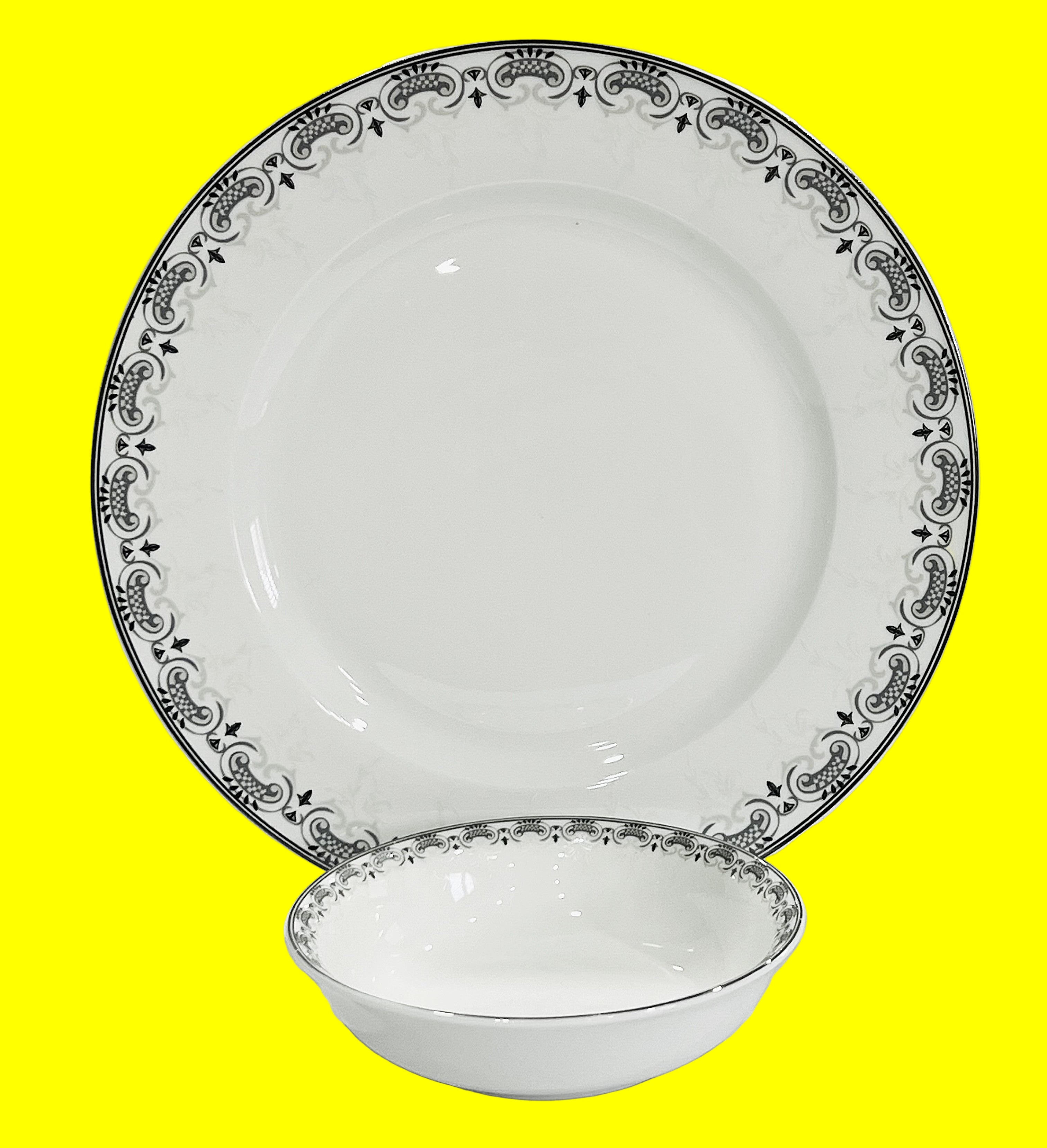 White plate with black decorative border on a white bone china body