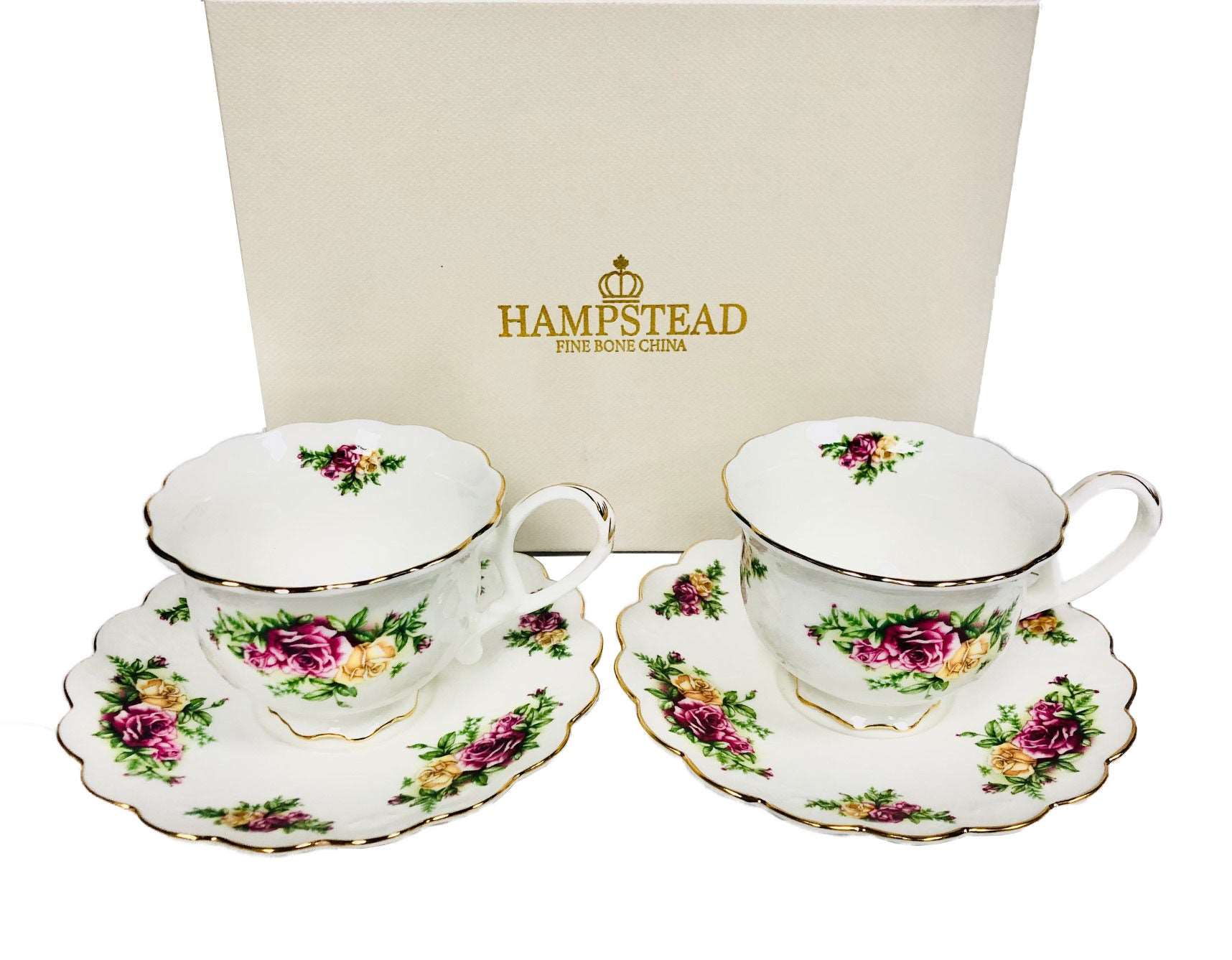 Country Rose Tea 2 Cups and 2 Saucer Set, Bone China - Royal Gift