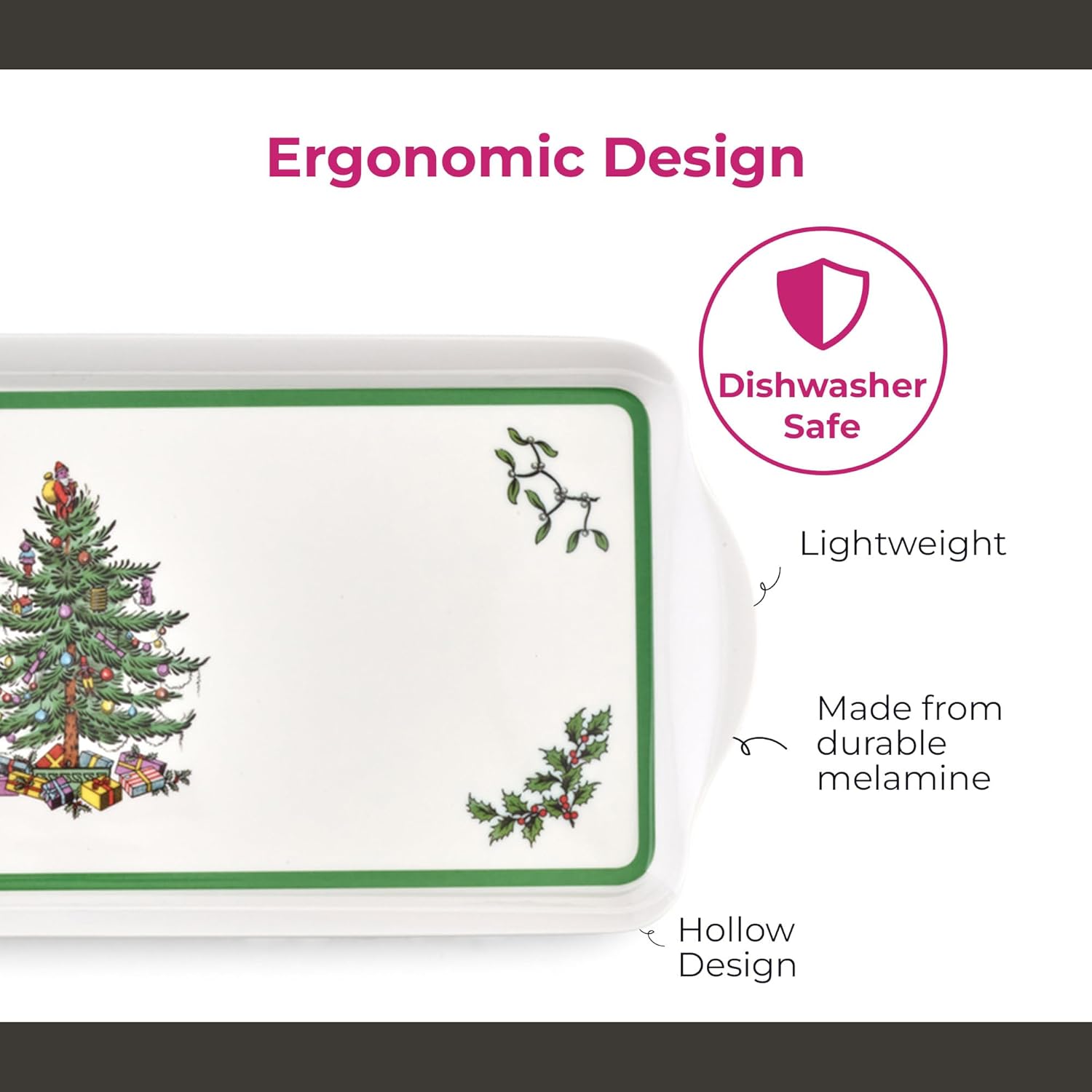 Spode Christmas Tree Sandwich Tray (15" x 6.5") - Decorative Serving Platter for Crudit, Appetizers, Holiday Snacks - Festive Melamine Dish, Durable Christmas Dinnerware - Elegant Holiday Tableware