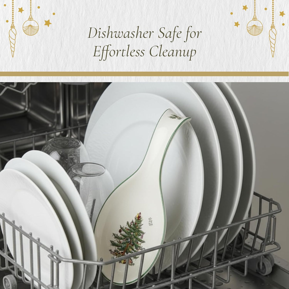 Spode Christmas Tree Spoon Rest, 9.5Inch, Festive Cooking Utensil, Fine Earthenware, Dishwasher Safe