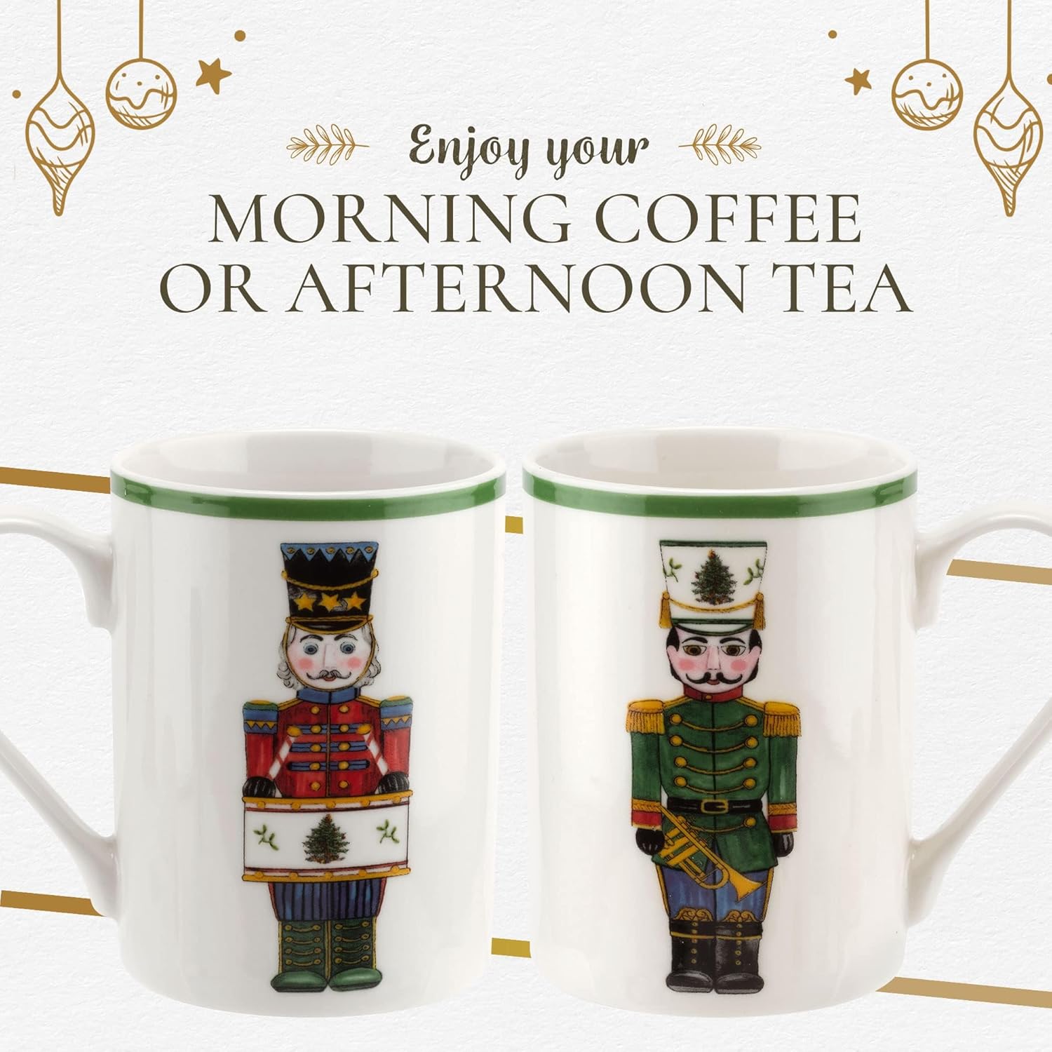 Spode – Christmas Tree Nutcracker Mugs and Tray, 3-Piece Set, Holiday Breakfast Tray, 10-Ounce Coffee Mug, Made of Porcelain and Melamine, Dishwasher Safe