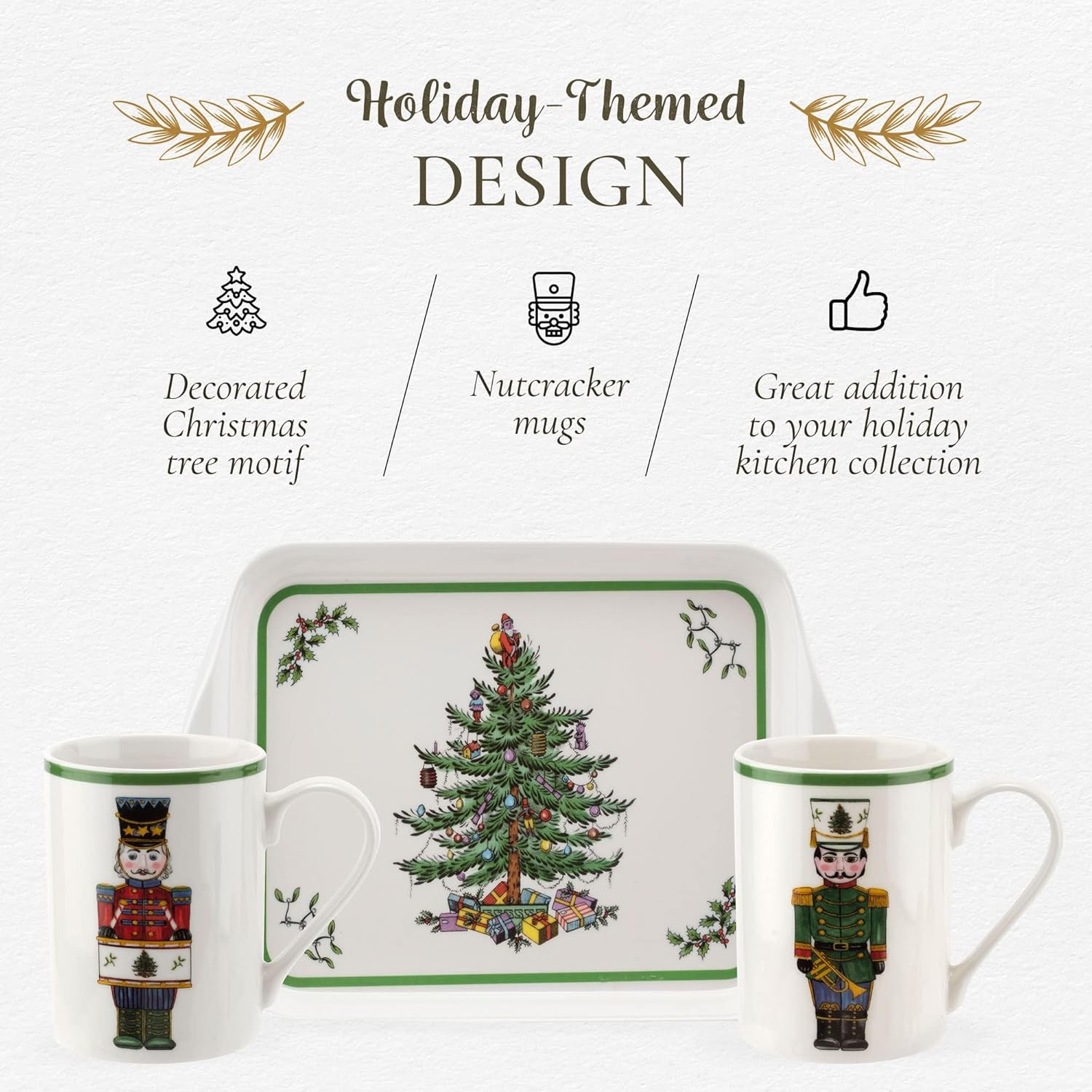 Spode – Christmas Tree Nutcracker Mugs and Tray, 3-Piece Set, Holiday Breakfast Tray, 10-Ounce Coffee Mug, Made of Porcelain and Melamine, Dishwasher Safe
