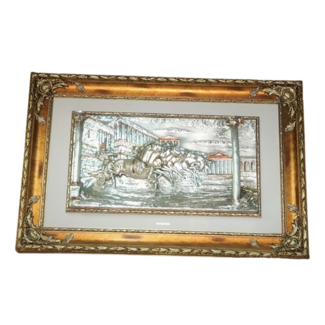 Italian Frame Gladiator 3D Silver Art On Leather Backing in a Wooden Frame Made in Italy