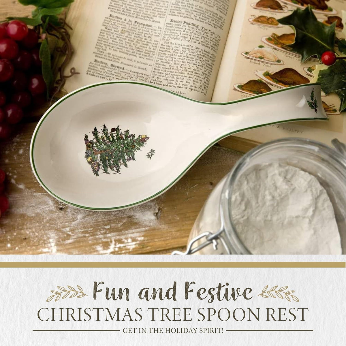 Spode Christmas Tree Spoon Rest, 9.5Inch, Festive Cooking Utensil, Fine Earthenware, Dishwasher Safe