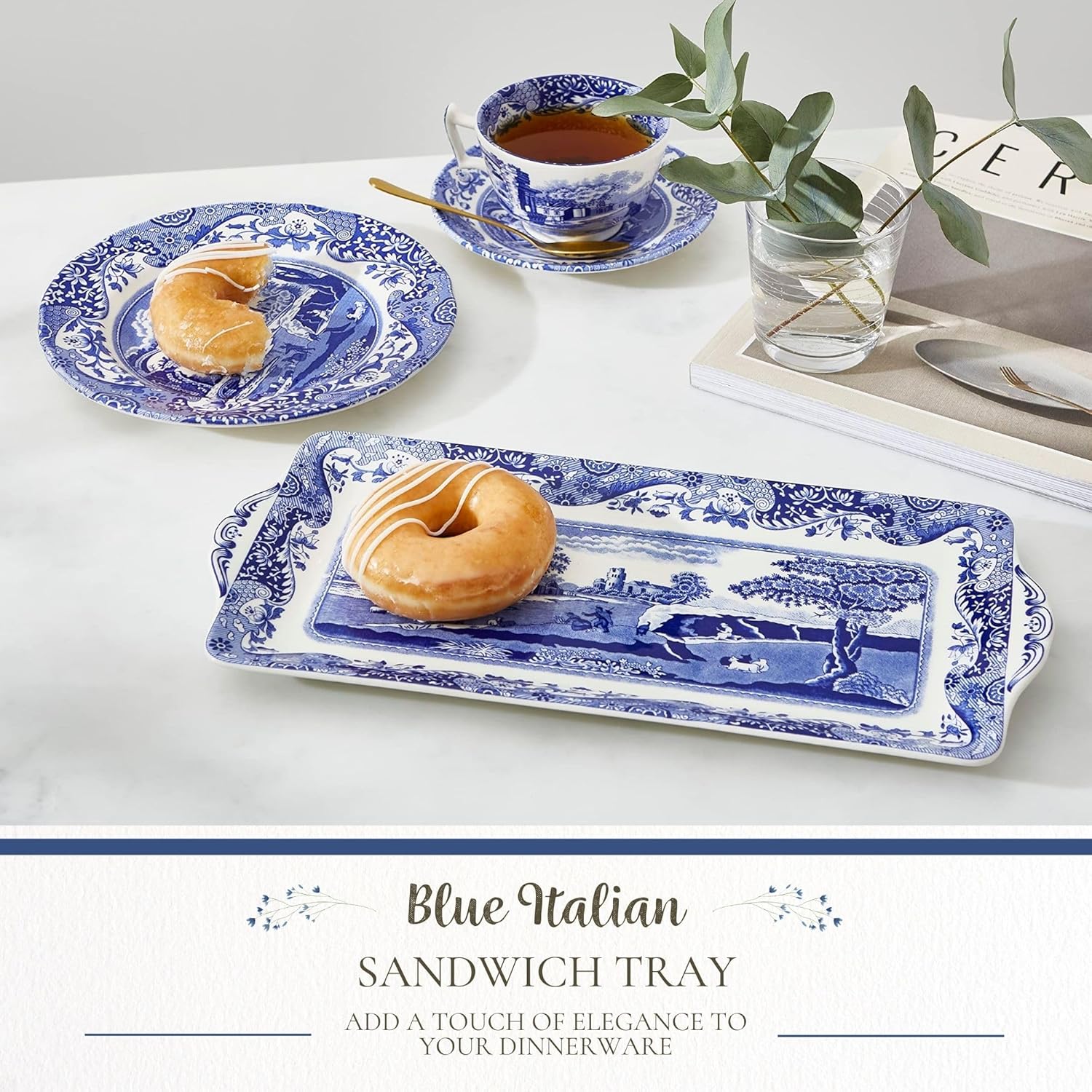 Spode Blue Italian Sandwich Tray | Serving Platter for Tea Sandwiches, Desserts, and Appetizers | Porcelain | Measures 13-Inches | Dishwasher Safe (Blue/White)