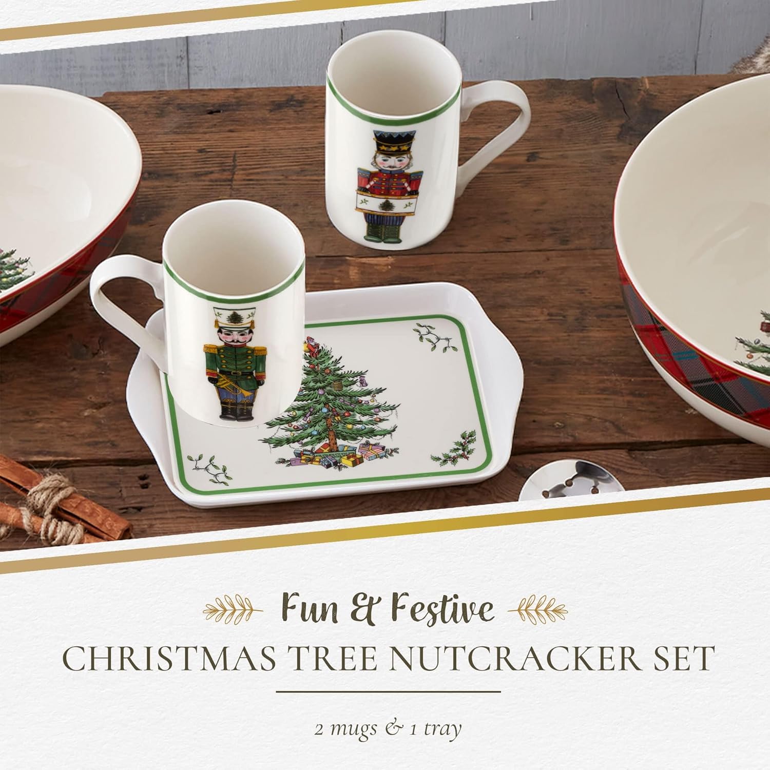 Spode – Christmas Tree Nutcracker Mugs and Tray, 3-Piece Set, Holiday Breakfast Tray, 10-Ounce Coffee Mug, Made of Porcelain and Melamine, Dishwasher Safe