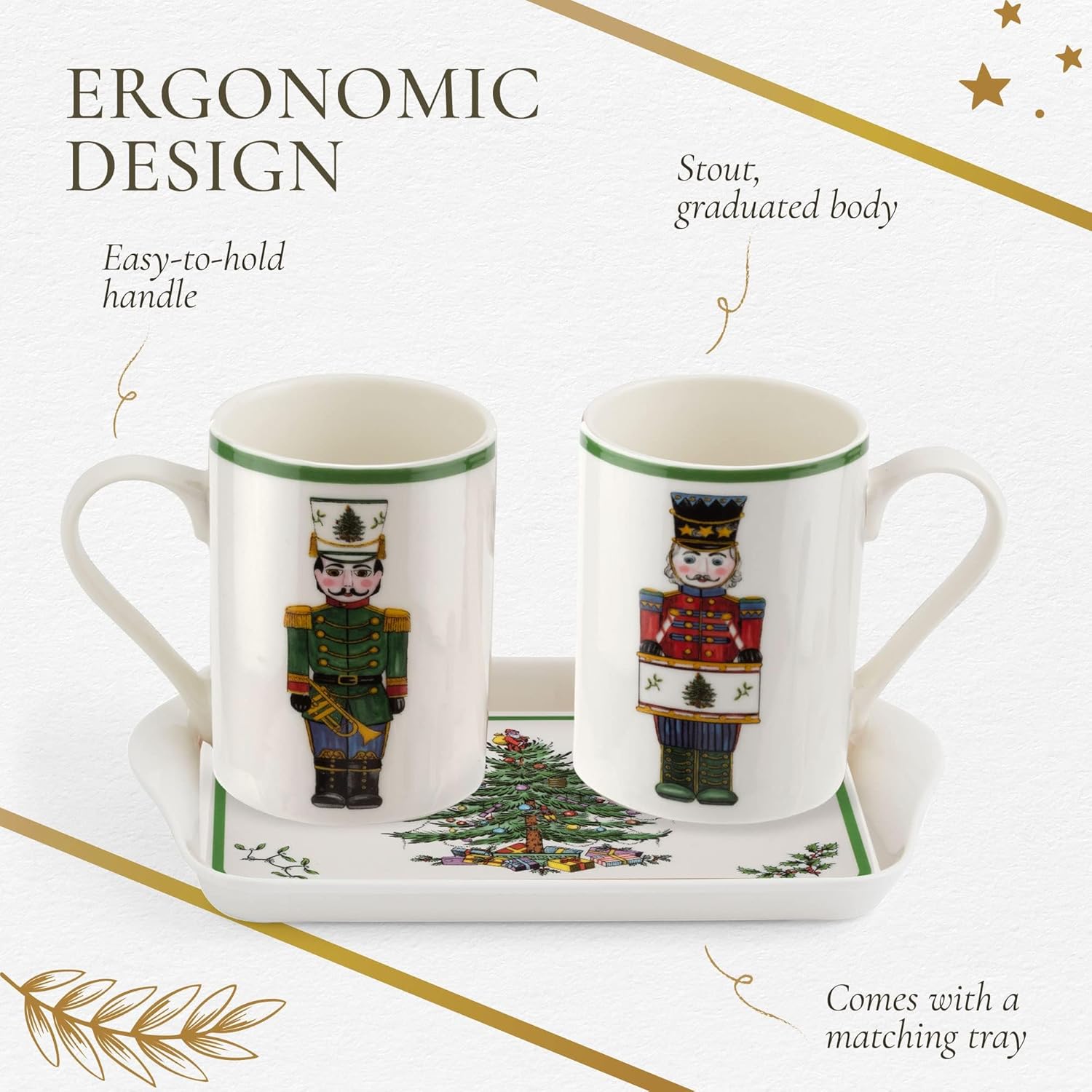 Spode – Christmas Tree Nutcracker Mugs and Tray, 3-Piece Set, Holiday Breakfast Tray, 10-Ounce Coffee Mug, Made of Porcelain and Melamine, Dishwasher Safe