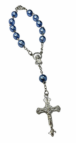Bracelet Cross Pearl Rosary 7" Blue