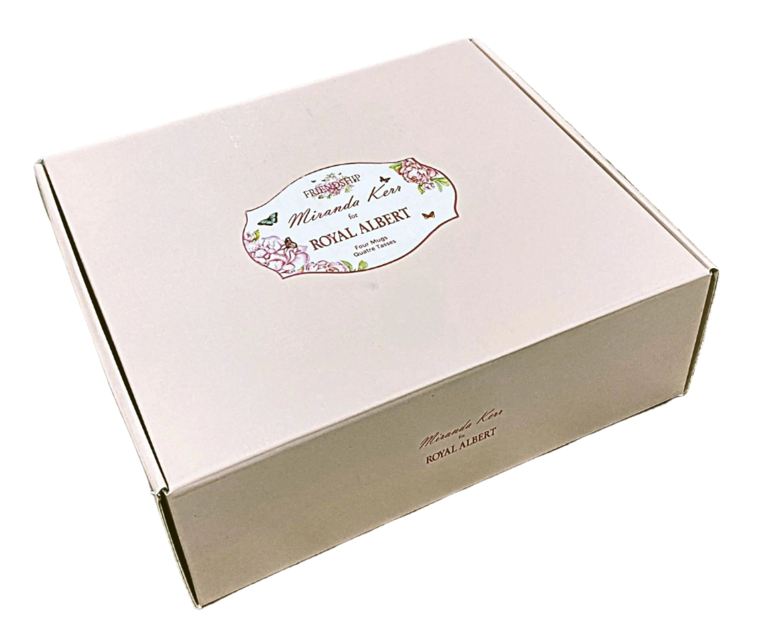 Pink box with 'Royal Albert' branding on a marble surface