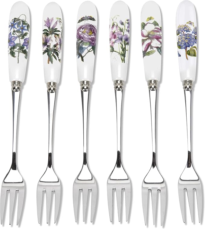 Portmeirion Botanic Garden Pastry Forks Set of 6 Forks with Assorted Floral Motifs 6"tall Made from Stainless Steel with Porcelain Handles