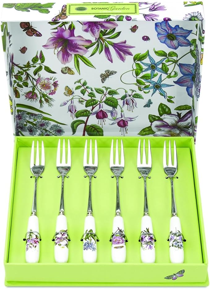 Portmeirion Botanic Garden Pastry Forks Set of 6 Forks with Assorted Floral Motifs 6"tall Made from Stainless Steel with Porcelain Handles