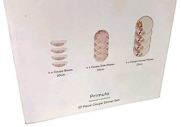 Box of Primula 12-piece Coupe Dinner Set with product illustrations on a white background