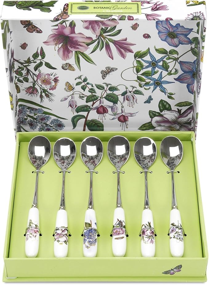 Portmeirion Botanic Garden Teaspoons Set of 6 Teaspoons with Assorted Floral Motifs | 6"tall Made from Stainless Steel with Porcelain Handles