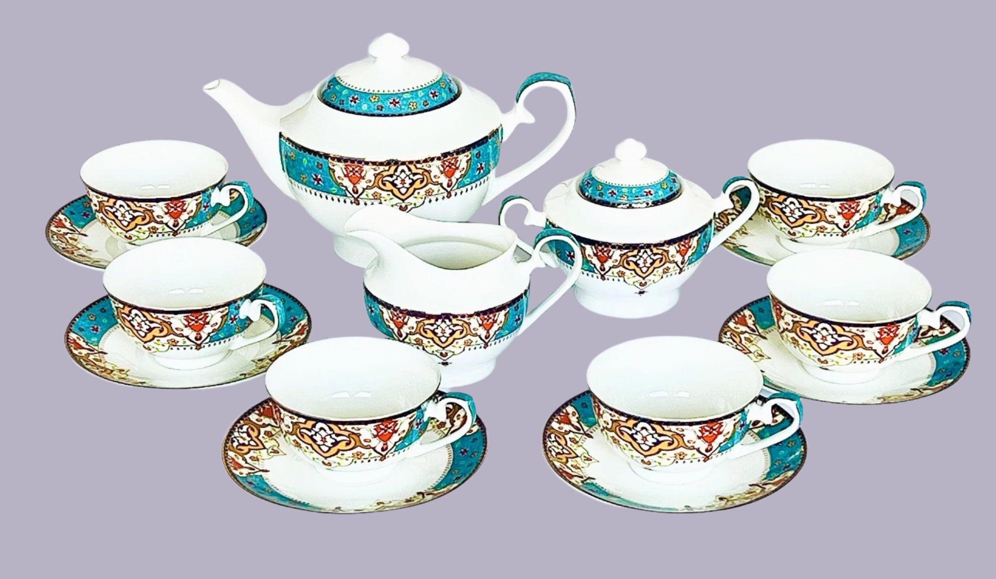 Tea Set 17-Piece Bone China Teapot + Sugar + Creamer + 6 Teacups + 6 Saucers