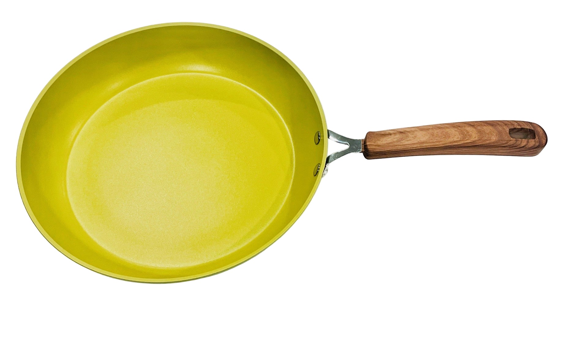 Yellow frying pan with a wooden handle on a white background