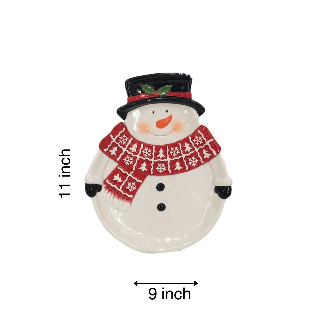 Snowman plate ceramic 11" X 9" X 1.25" Red