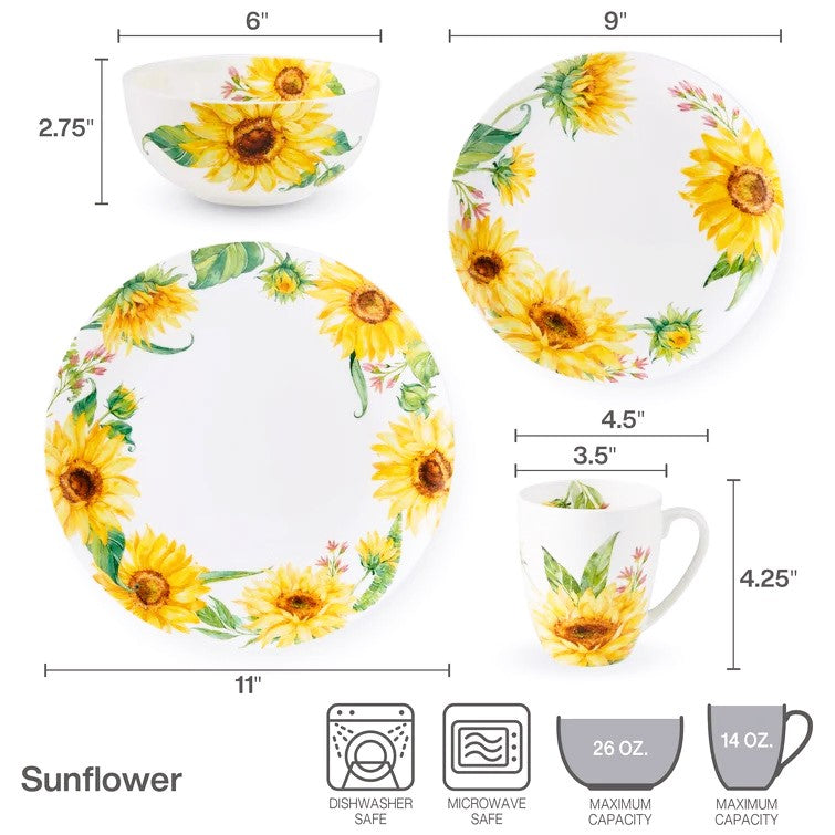 Mikasa Dinnerware 16 Piece set Service for 4, Sunflower collection Bone China