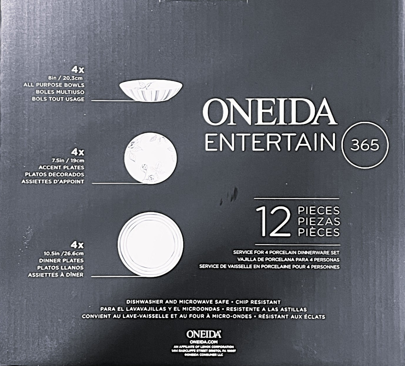 Oneida Sketchbook 12 Piece Dinnerware set, service for 4 Dishwasher and Microwave Safe