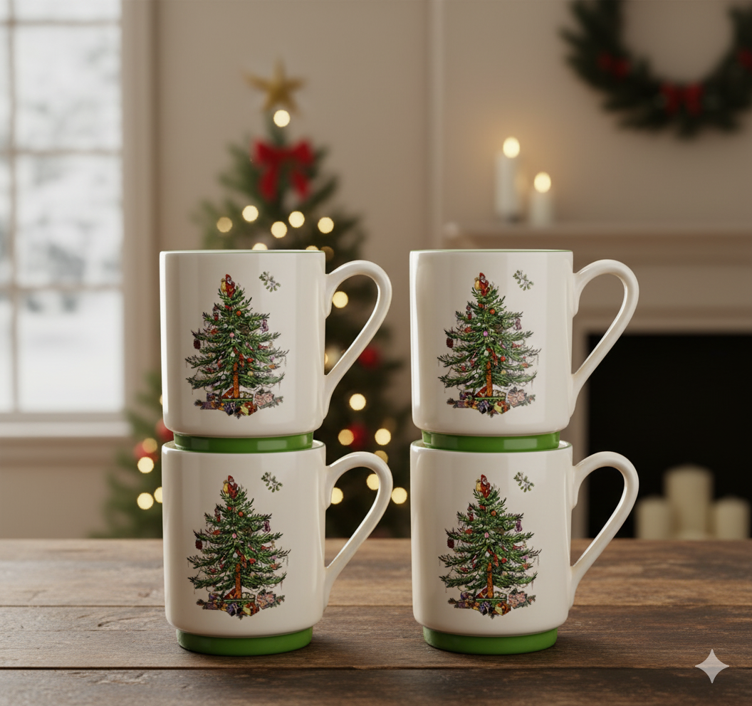 Spode Christmas Tree Stacking Mugs Set of 4 Mugs 12-OZ Use for Tea and Hot Cocoa|