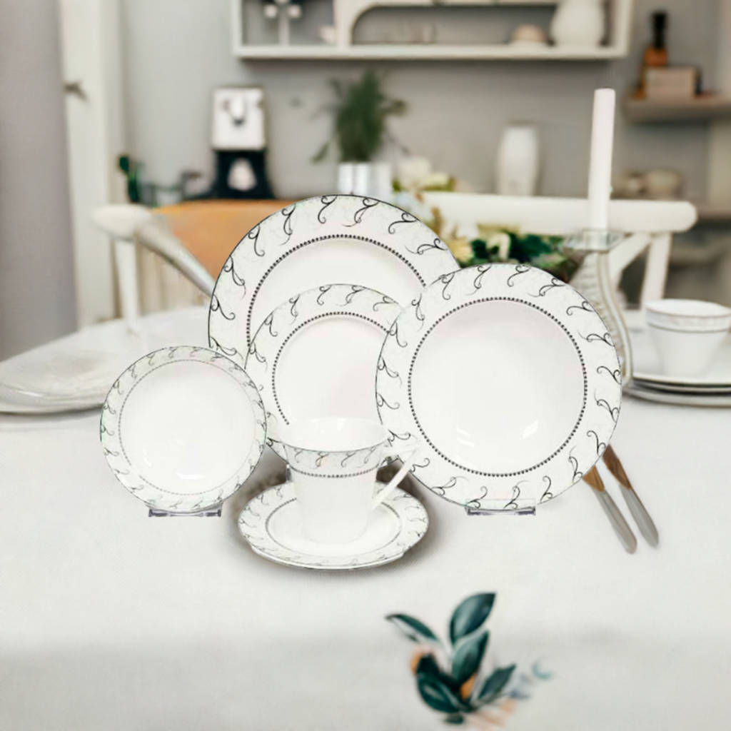 Dinnerware 86 Piece Set, Service for 12, include 14 Serving Pieces, Maria Platinum Collection by Success Bone China, Light weight, Extra white Body, Extra strong chip resistant